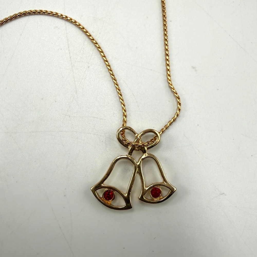 Avon Vtg Gold Tone Christmas Bell Necklace Red Rhinestone Bow Holiday Jewelry